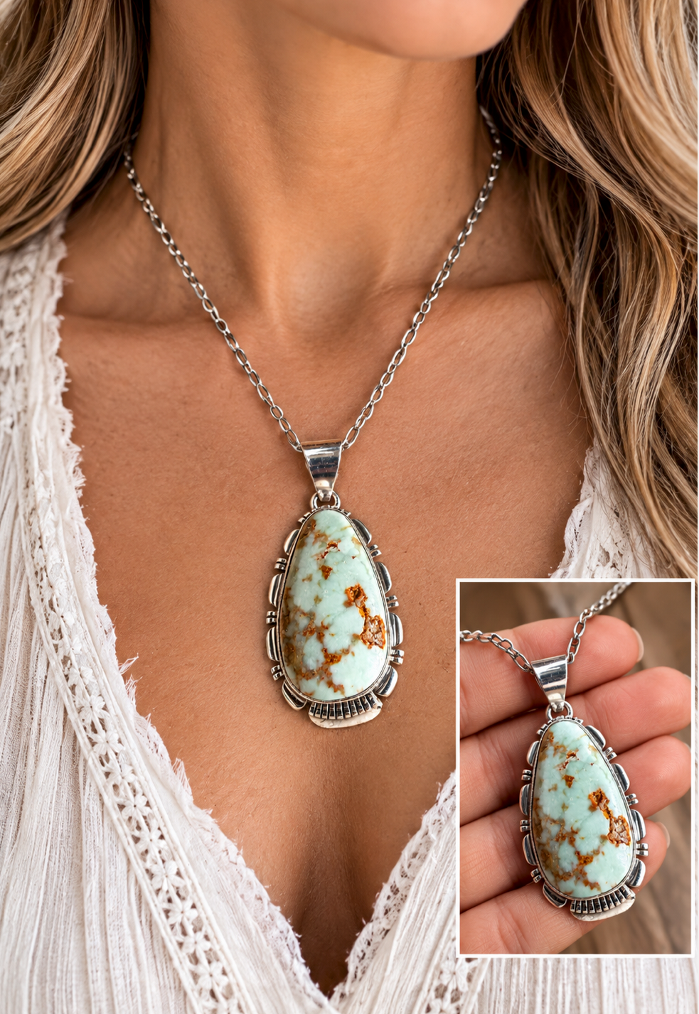 Larry Yazzie Carico Lake Turquoise Sterling Silver Native American Pendant | Queen Bee Boutique