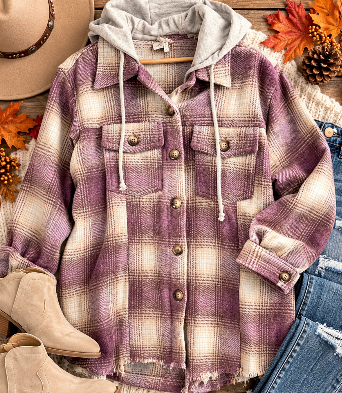 Mauve Plum Tan Cream Hooded Shacket | Queen Bee Boutique