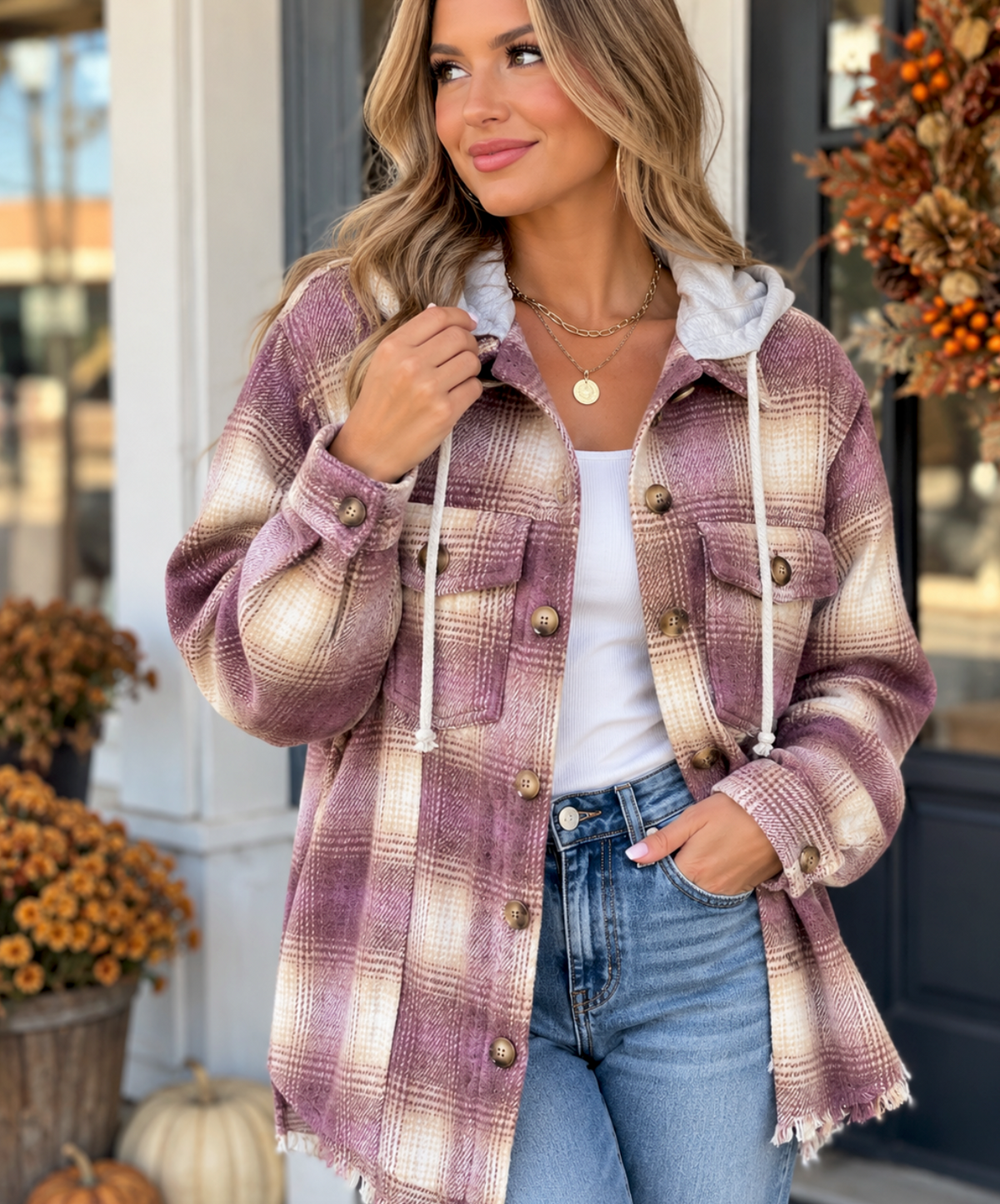 Mauve Plum Tan Cream Hooded Shacket | Queen Bee Boutique