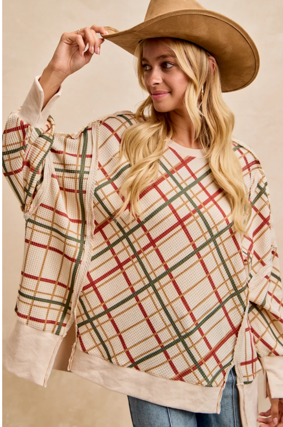 CHRISTMAS PLAID PRINT WAFFLE OVERSIZED SWEATSHIRT TOP