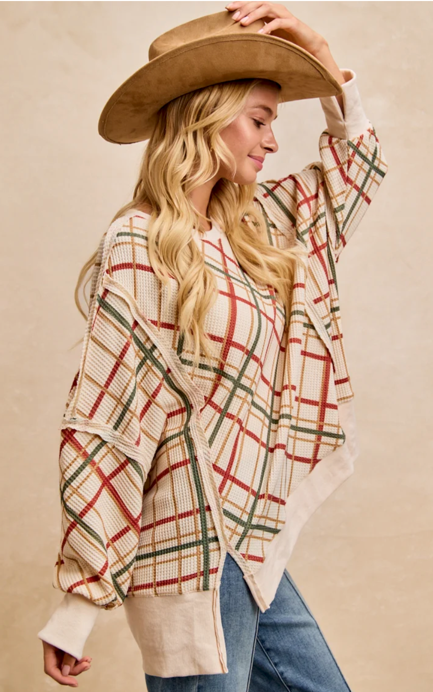 CHRISTMAS PLAID PRINT WAFFLE OVERSIZED SWEATSHIRT TOP