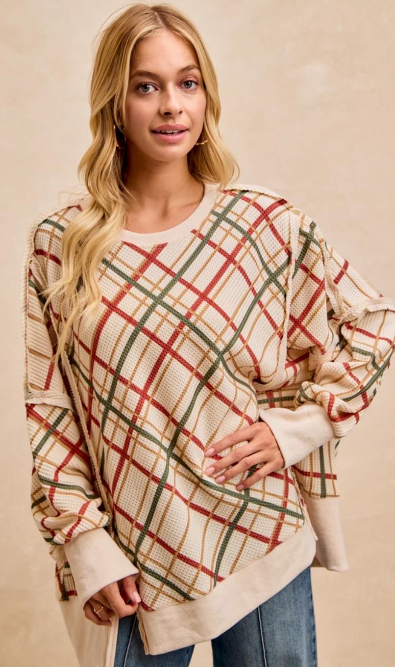 CHRISTMAS PLAID PRINT WAFFLE OVERSIZED SWEATSHIRT TOP