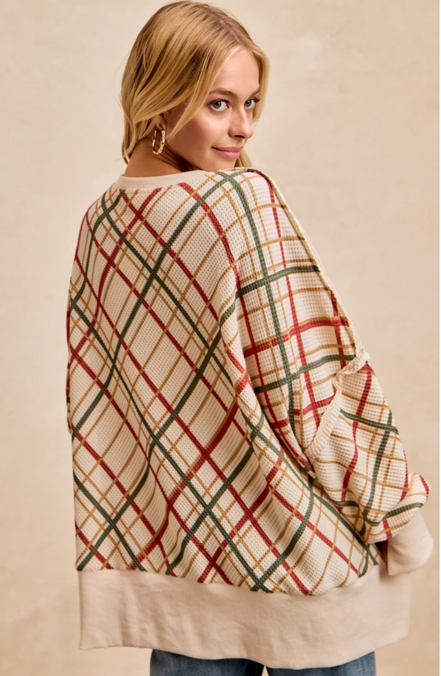 CHRISTMAS PLAID PRINT WAFFLE OVERSIZED SWEATSHIRT TOP