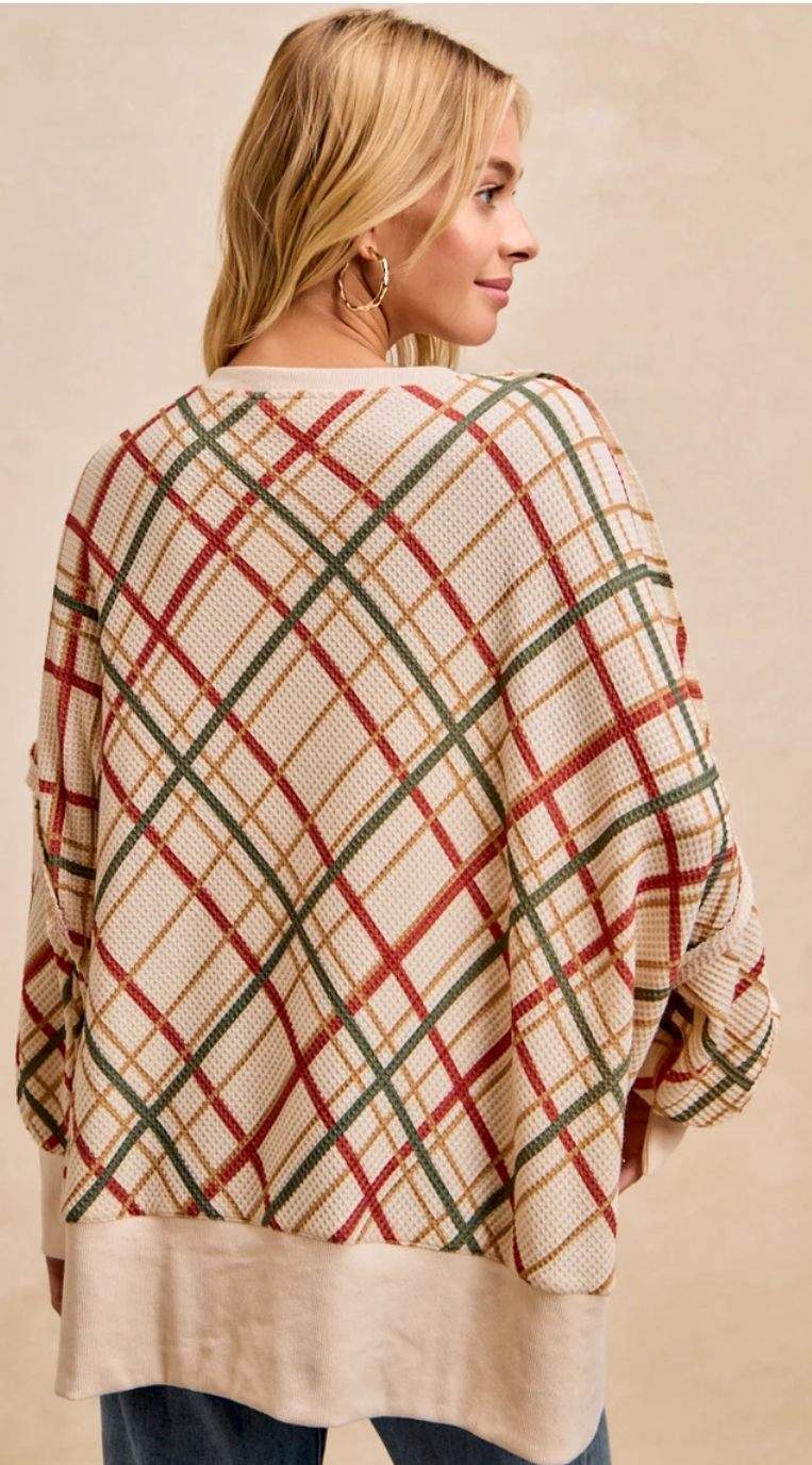 CHRISTMAS PLAID PRINT WAFFLE OVERSIZED SWEATSHIRT TOP