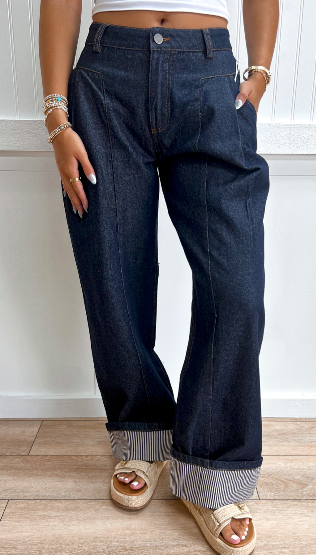 Morgan Dark Denim Wide Leg Cuffed Striped Jean