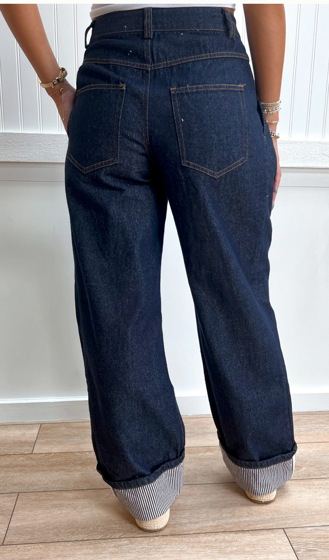 Morgan Dark Denim Wide Leg Cuffed Striped Jean