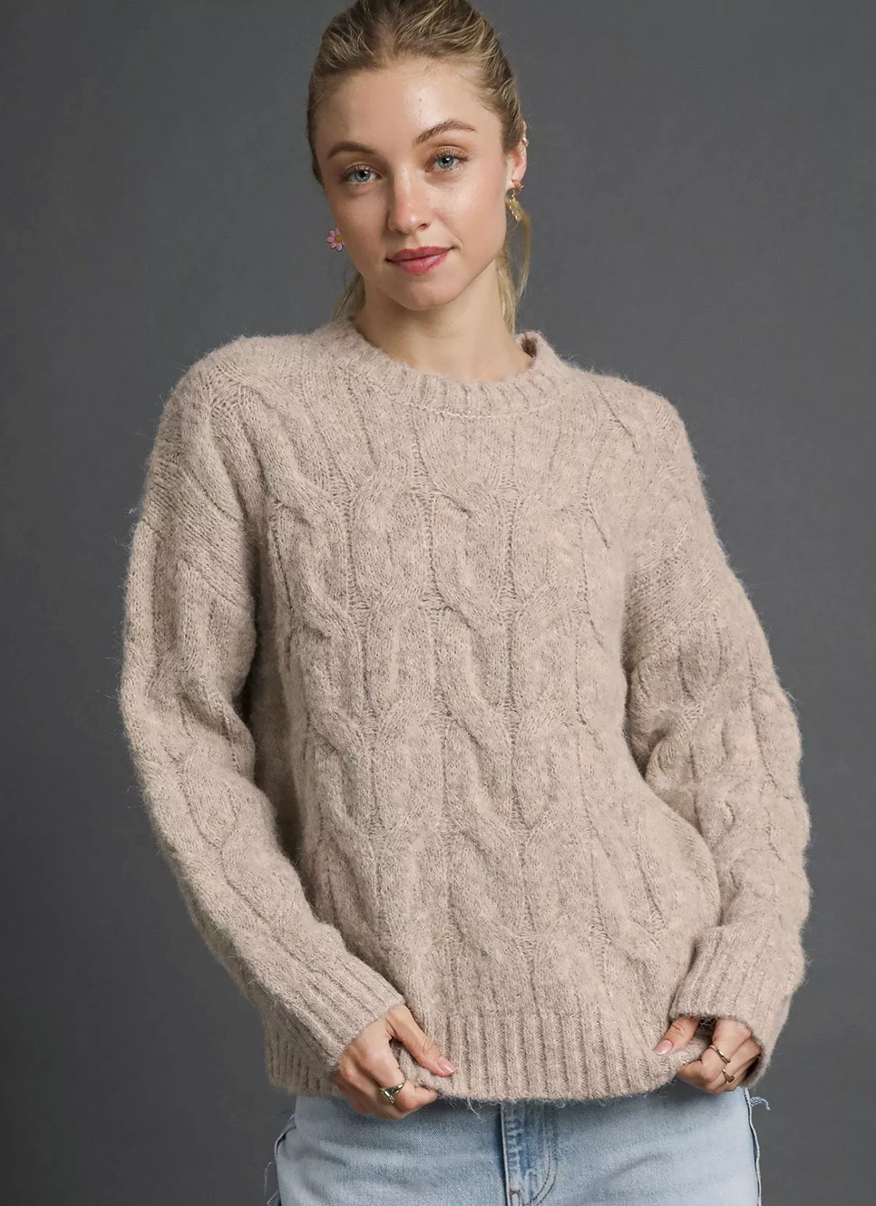 Taupe Fuzzy Cozy Warm Cable Knit Sweater