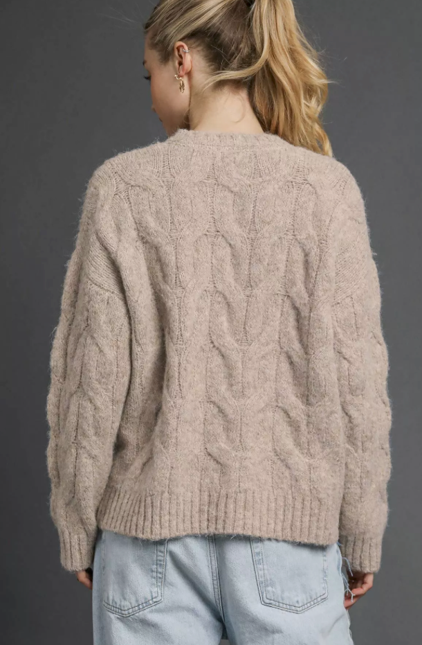 Taupe Fuzzy Cozy Warm Cable Knit Sweater