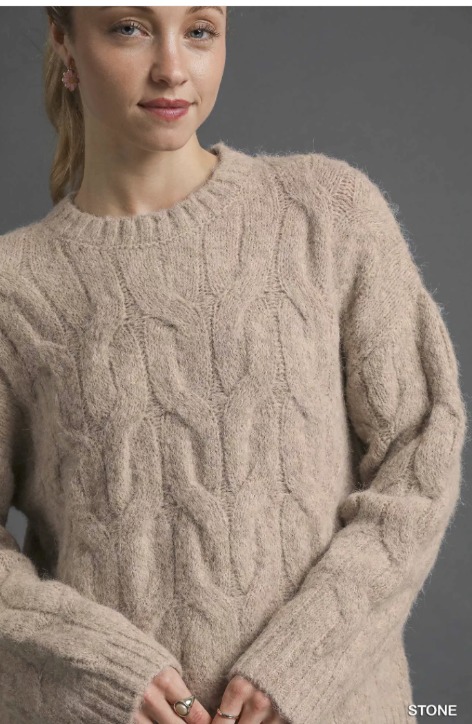Taupe Fuzzy Cozy Warm Cable Knit Sweater