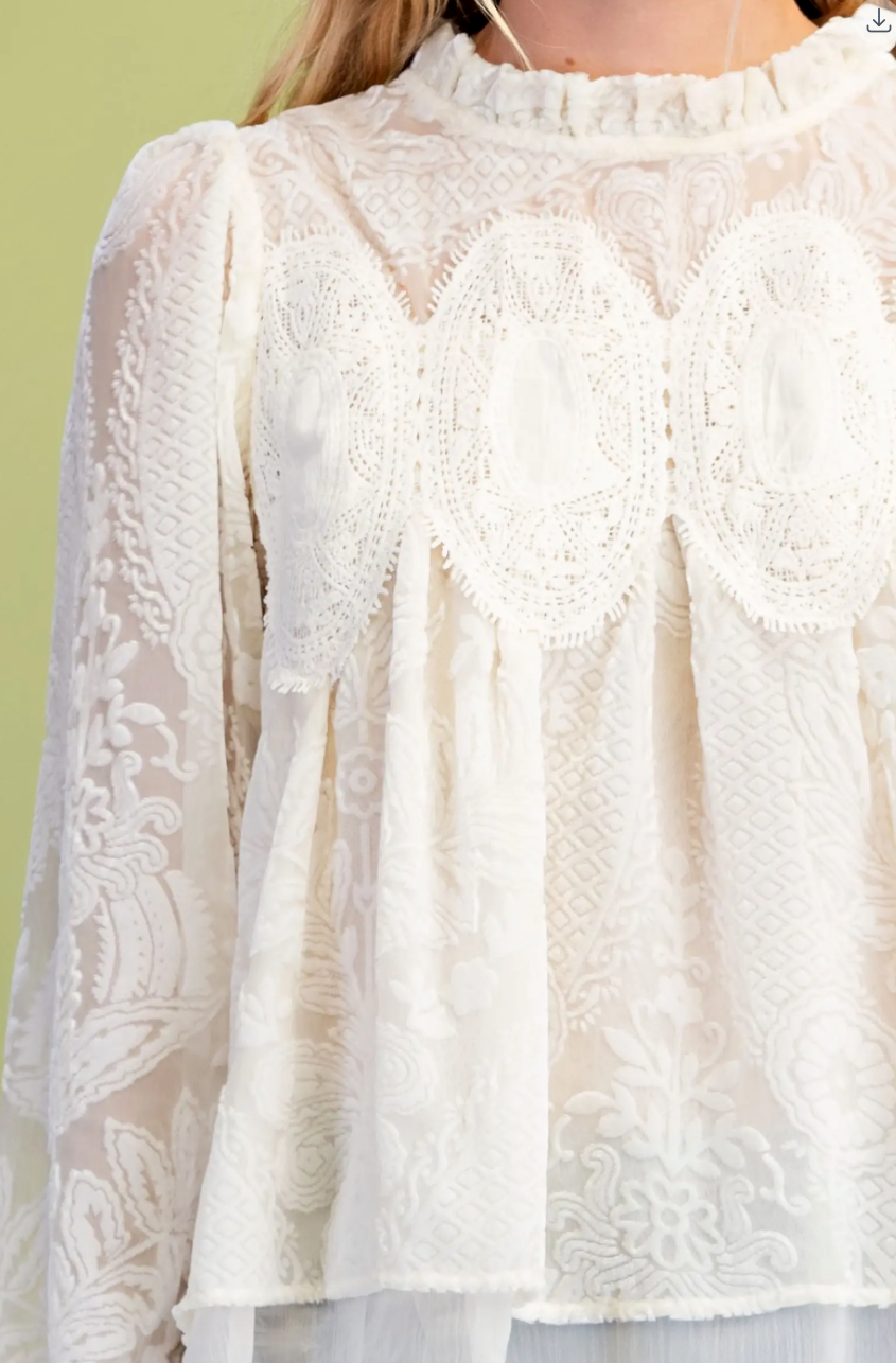 Women's Lace Detail Burnout Long Sleeve Top