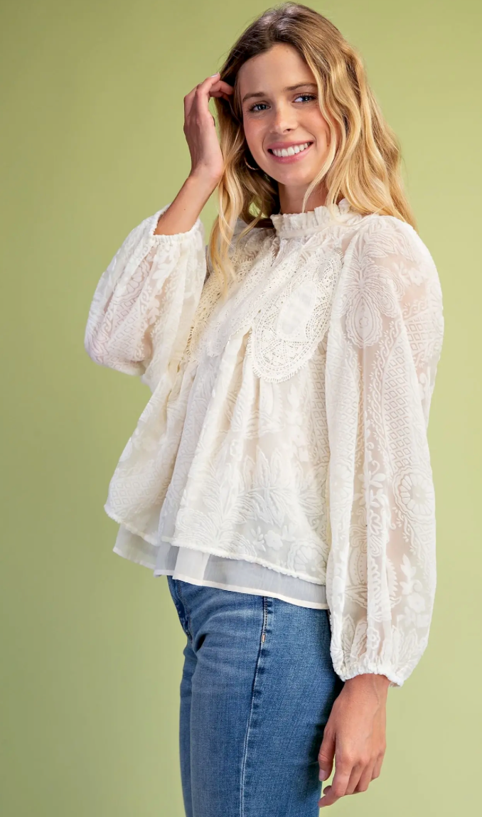 Women's Lace Detail Burnout Long Sleeve Top