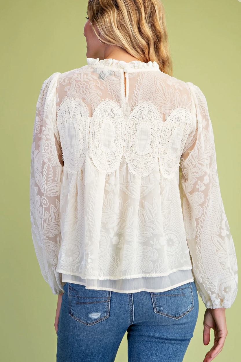 Women's Lace Detail Burnout Long Sleeve Top