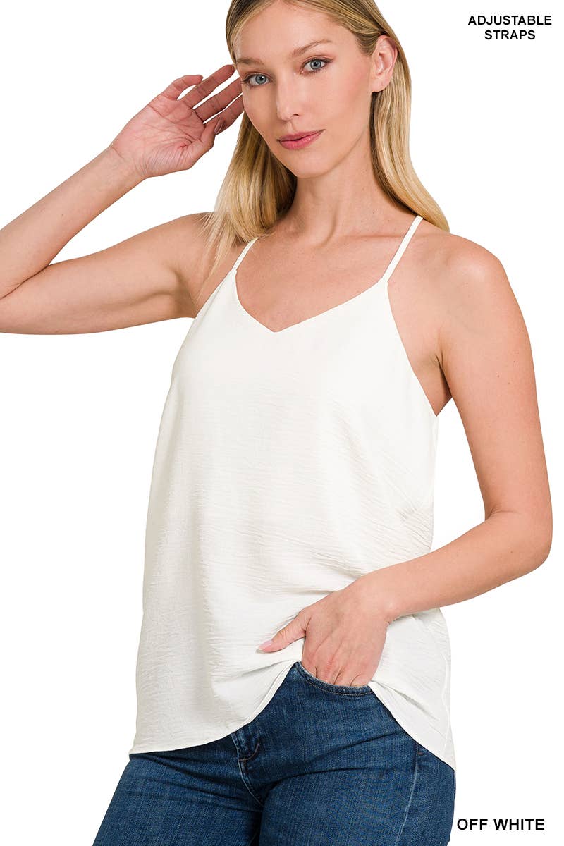 ADJUSTABLE STRAP V-NECK CRINKLE FLOWY CAMI TOP | Queen Bee Boutique