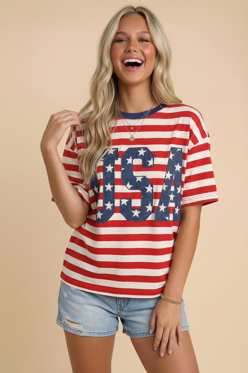 Current: USA 250th Anniversary Commemorative Oversized STRIPE Tee Optimized: USA 250th Anniversary Commemorative Oversized Striped Shirt – Patriotic Patch Lettering Top