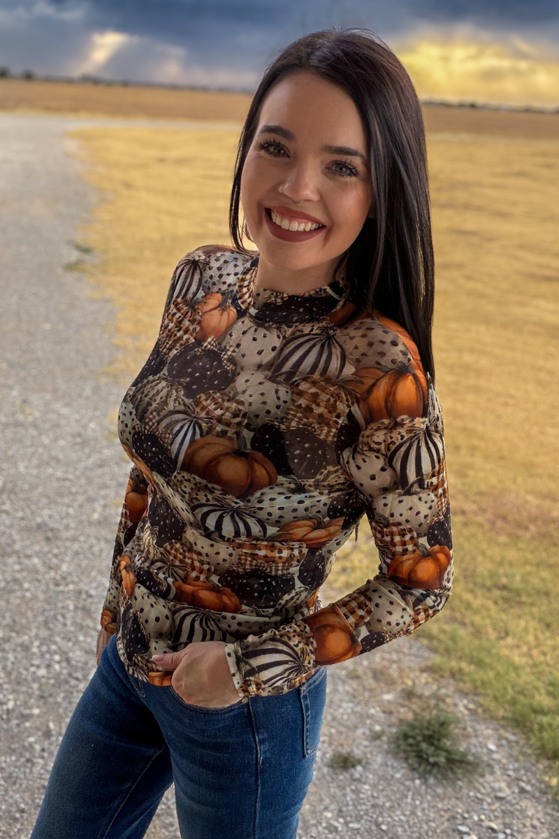 Fall Pumpkin Charm Mesh Top | Queen Bee Boutique