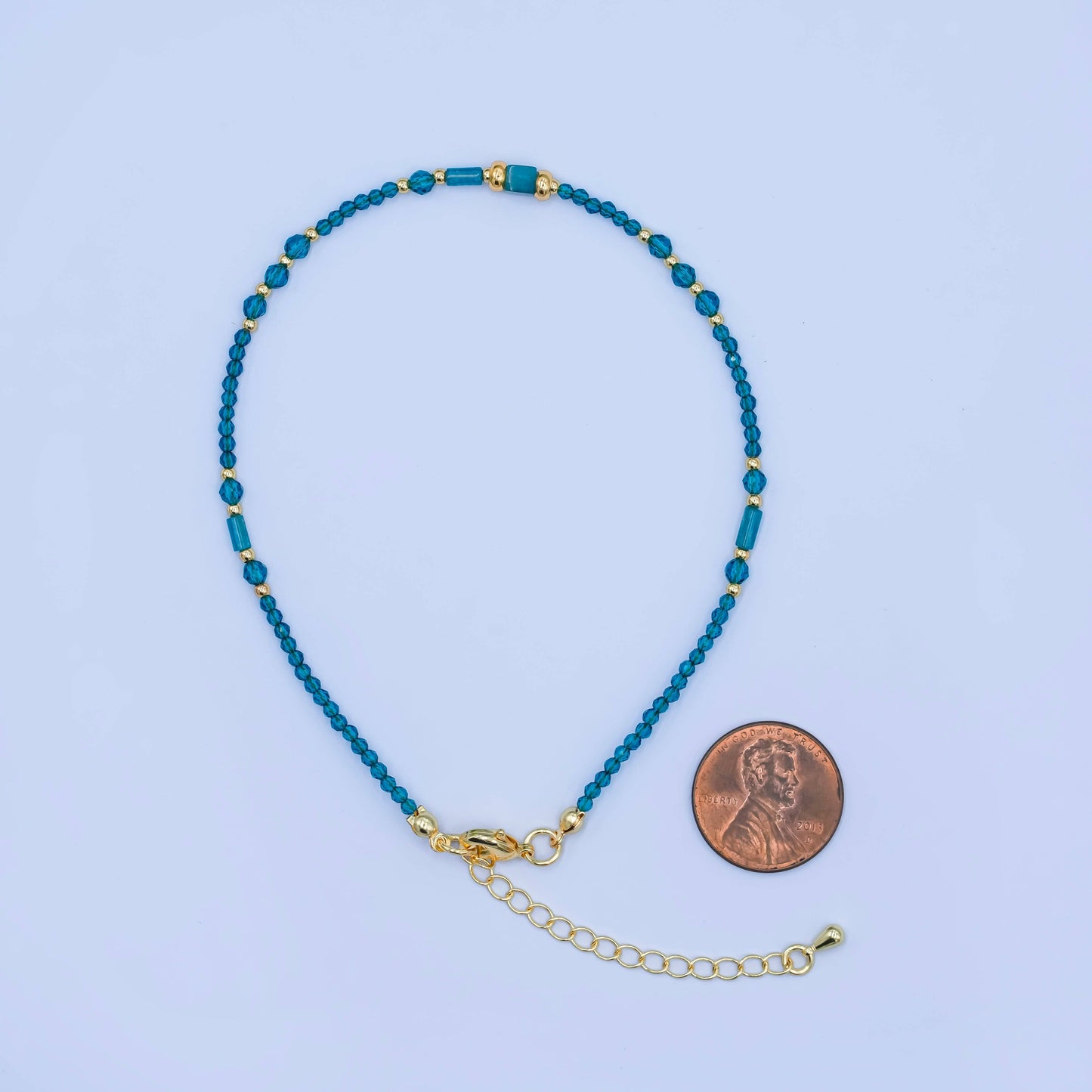 24K Gold Filled 2mm Blue Multifaceted Gemstone 9 Inch Anklet Bracelet | QB