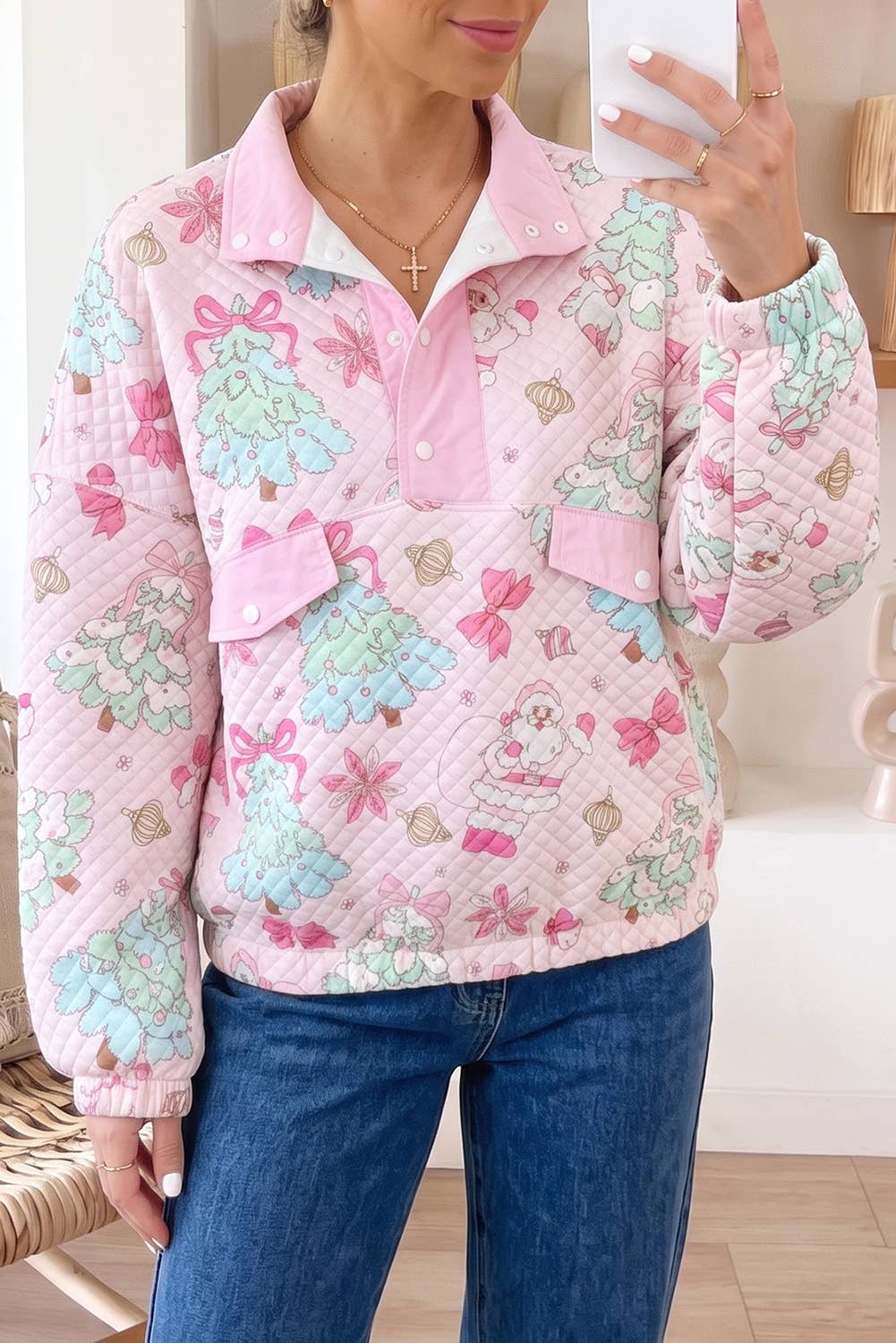 Pink Christmas Print Collar Half Button Sweatshirt | Queen Bee Boutique