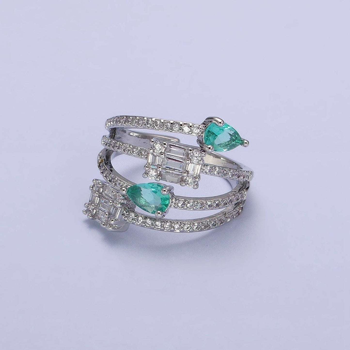 Aqua Tear Drop CZ Gold Wrap Baguette Stacking Ring