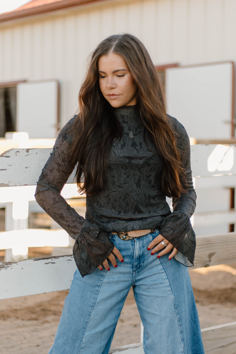 Tooled In Black Mesh Top Bell Sleeves | Queen Bee Boutique