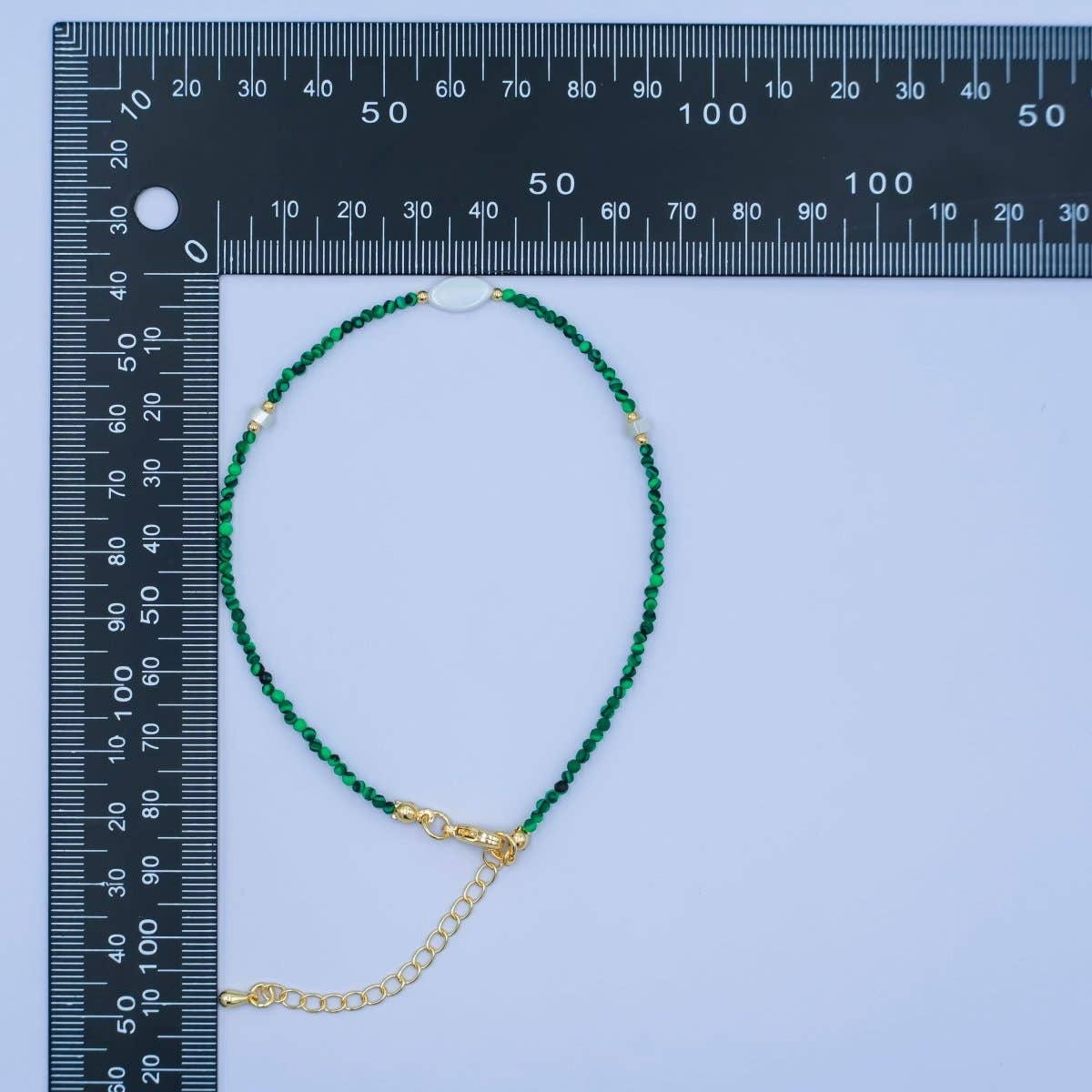 24K Gold Filled 2mm Shell Pearl Malachite Multifaceted Gemstone 9 Inch Anklet Bracelet | WA-2946