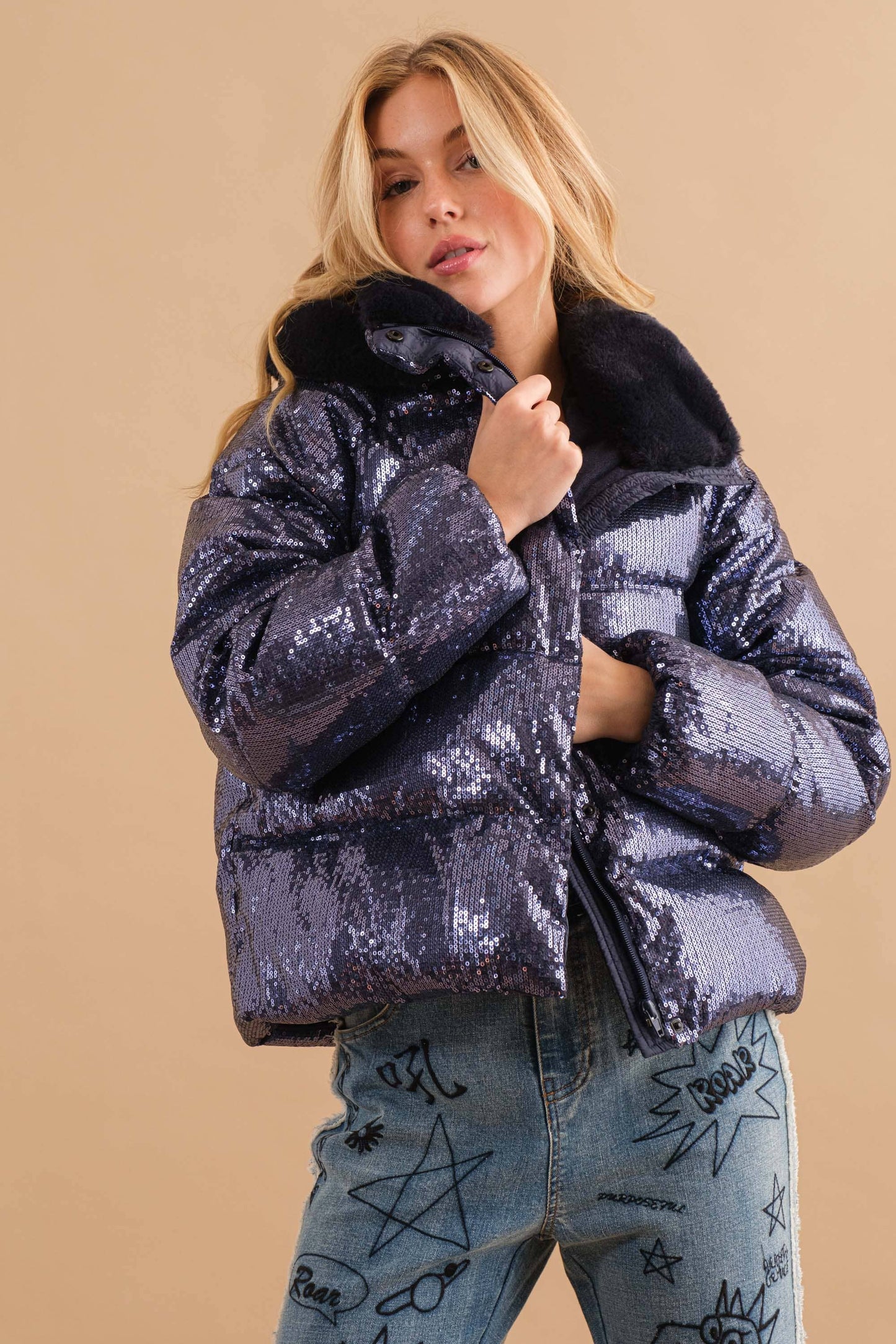 Sequin Puffer Quilted Fur Hooded Zip Up Coat