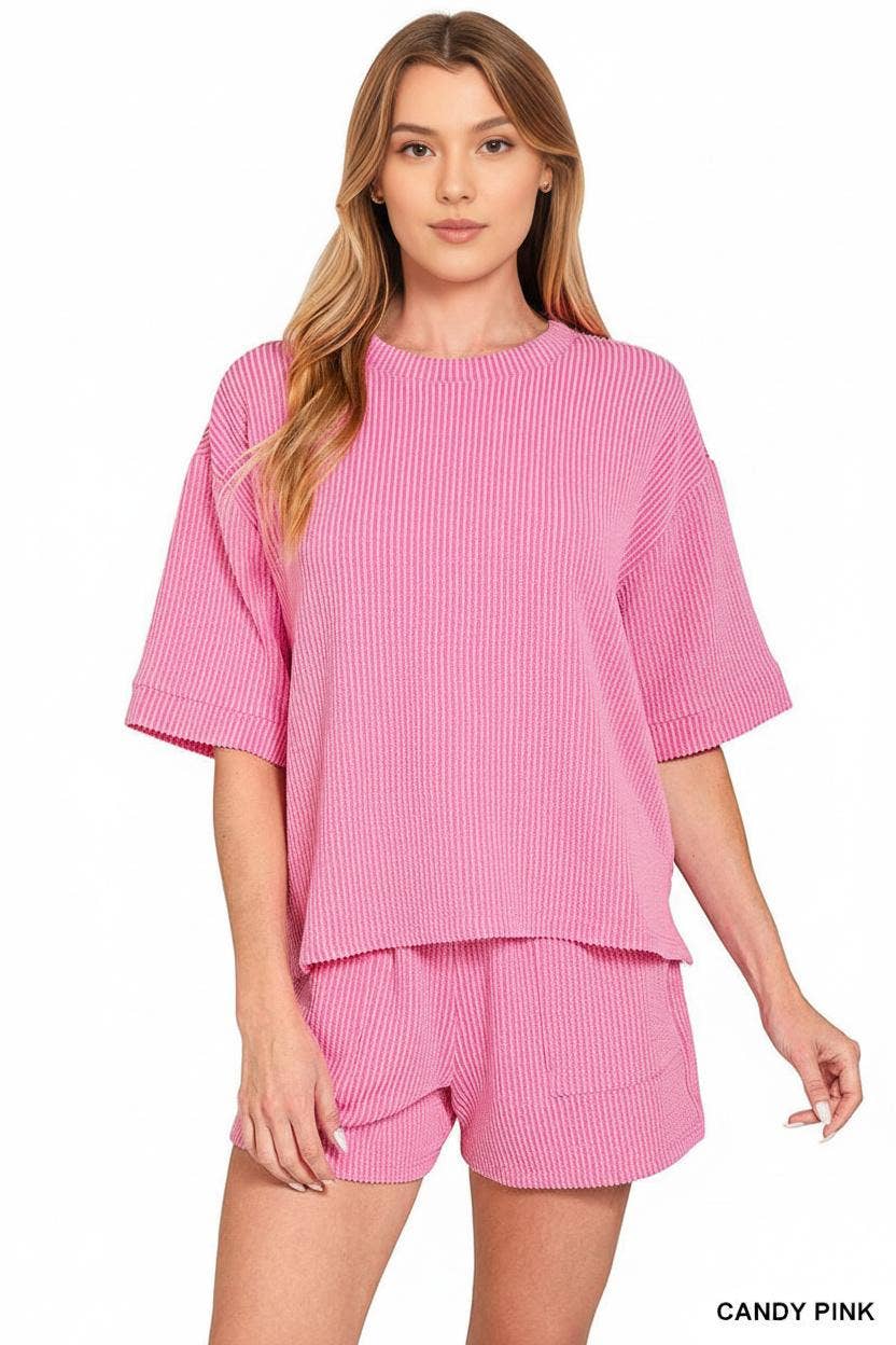 Corded Rib Half Sleeve Tee & Shorts 2PC Set