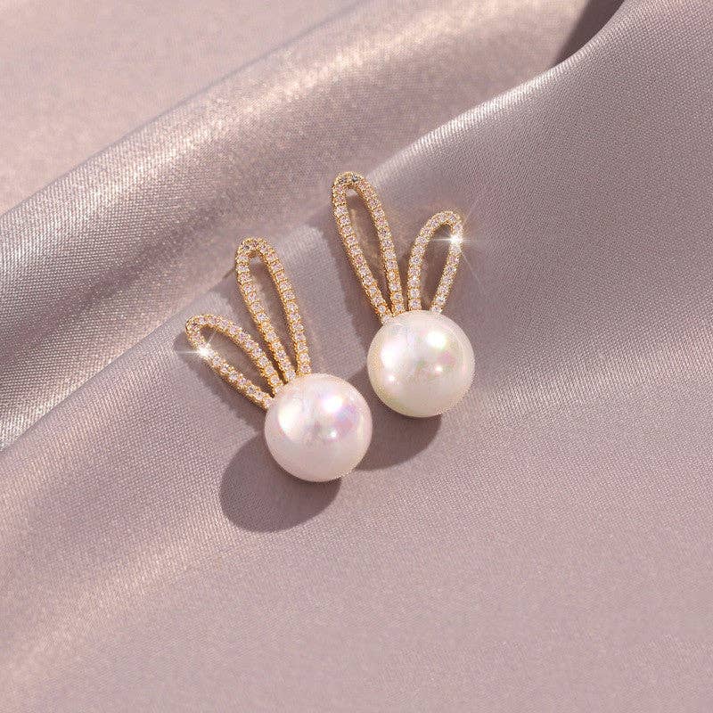 Dainty Cute Bunny Rabbit Pearl Stud Earrings