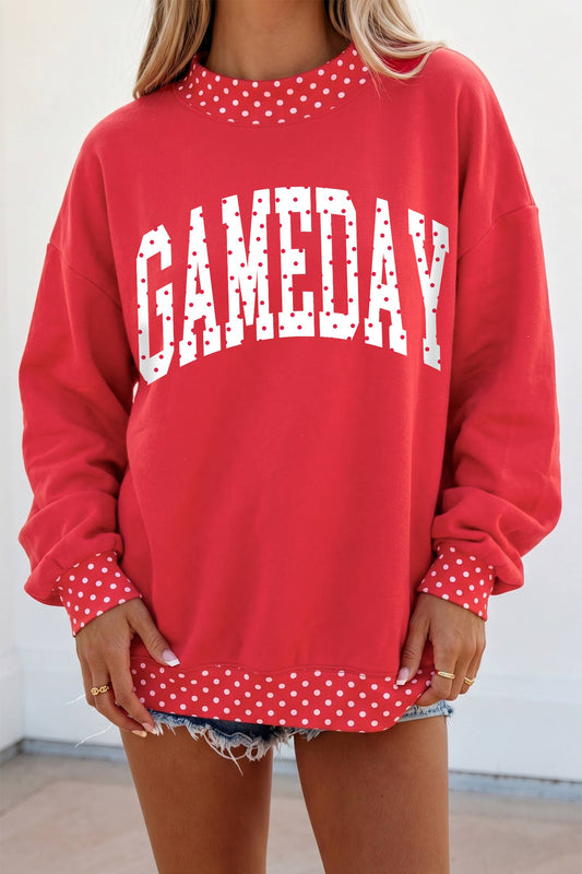 Red Polka Dot Game Day Graphic Pullover Mock Neck Sweatshirt