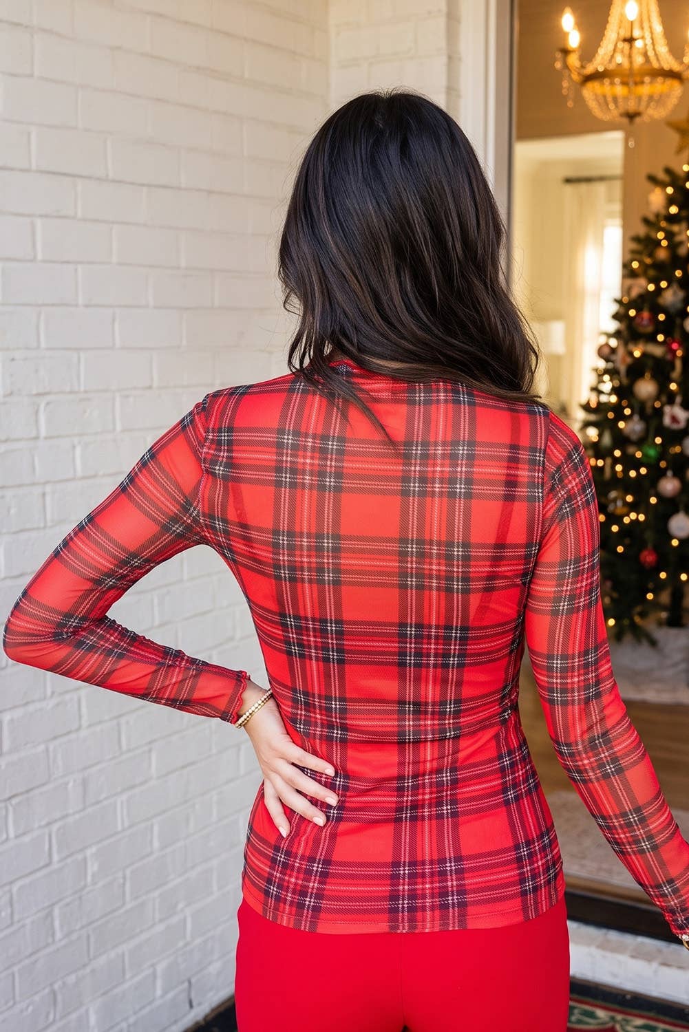 Christmas Plaid Mock Neck Long Sleeve Top | Women’s Holiday Top