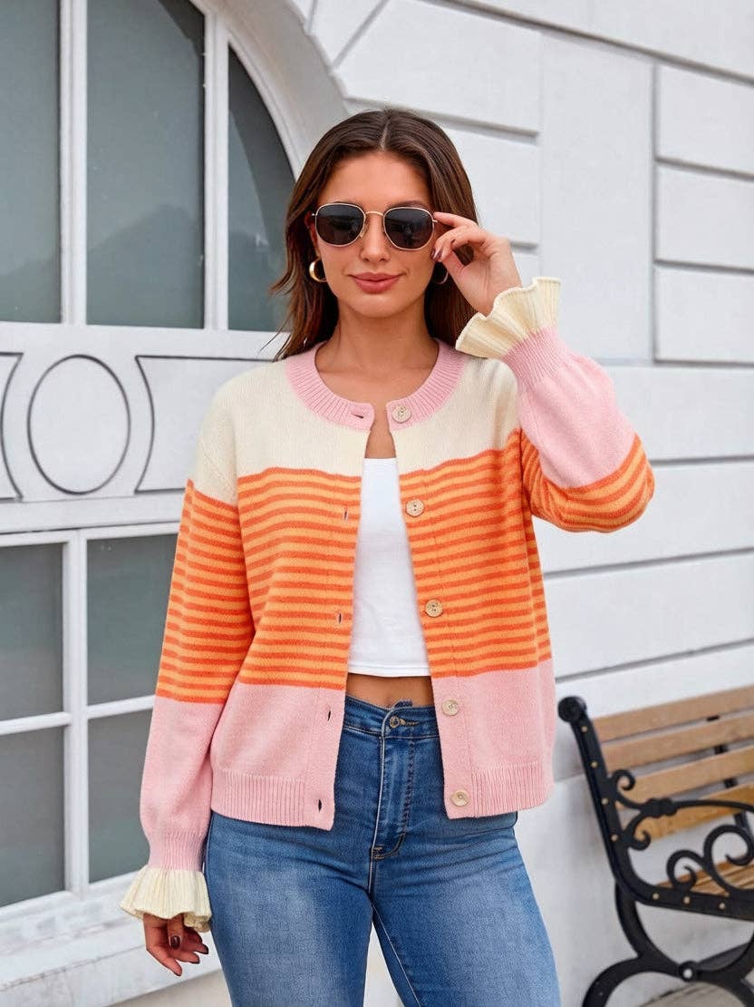 Contrast Stripe Button Front Cardigan