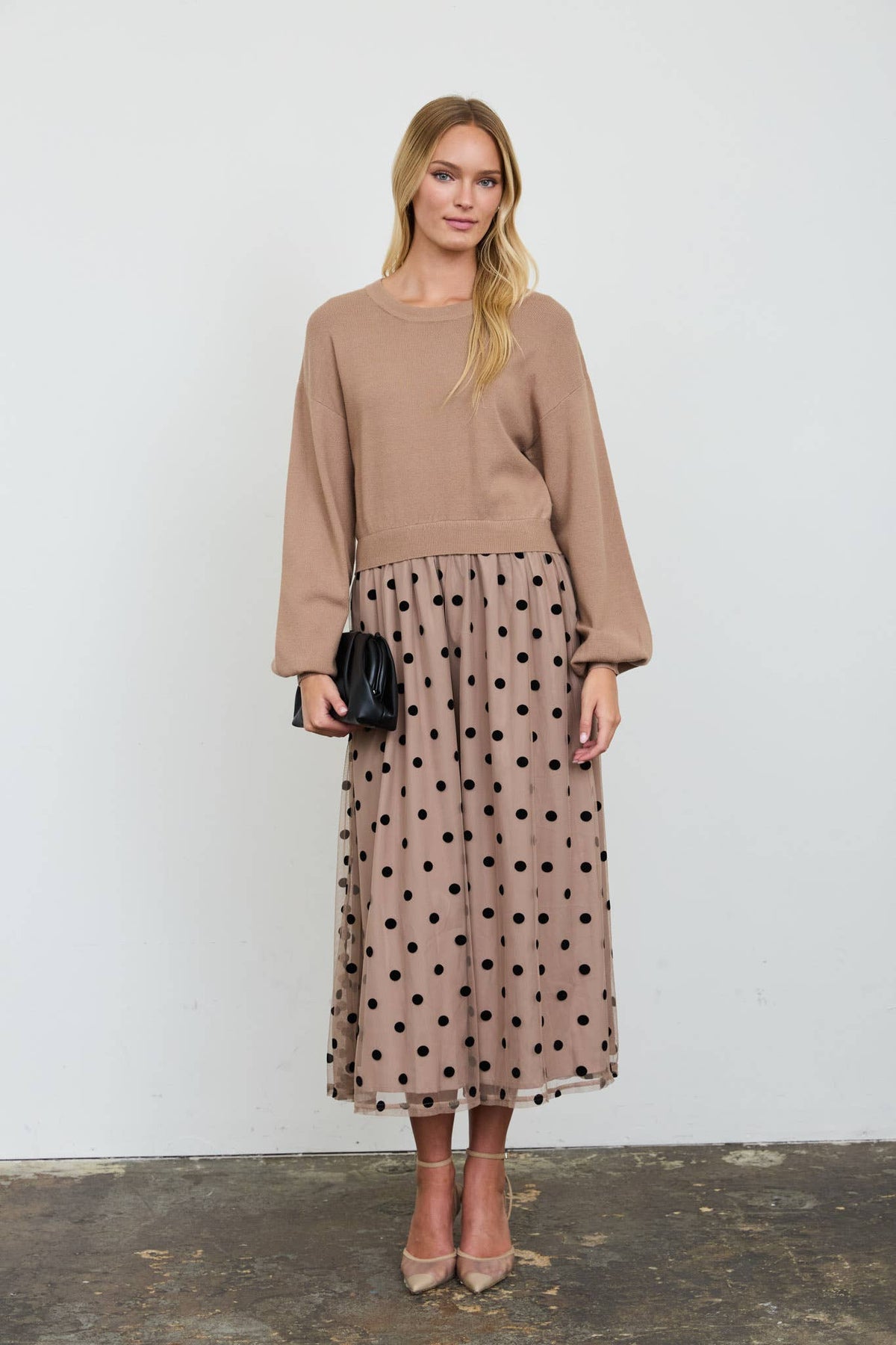 Twofer Sweater Midi Dress with Polka Dot Tiered Skirt