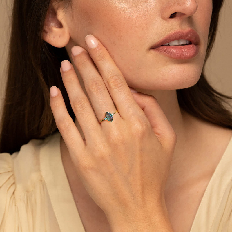 Hexagon Cut Moss Agate Cocktail Ring in 925 Sterling Silver
