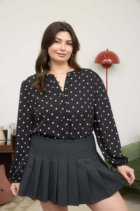 PLUS POLKA DOT HENLEY LONG SLEEVE BLOUSE