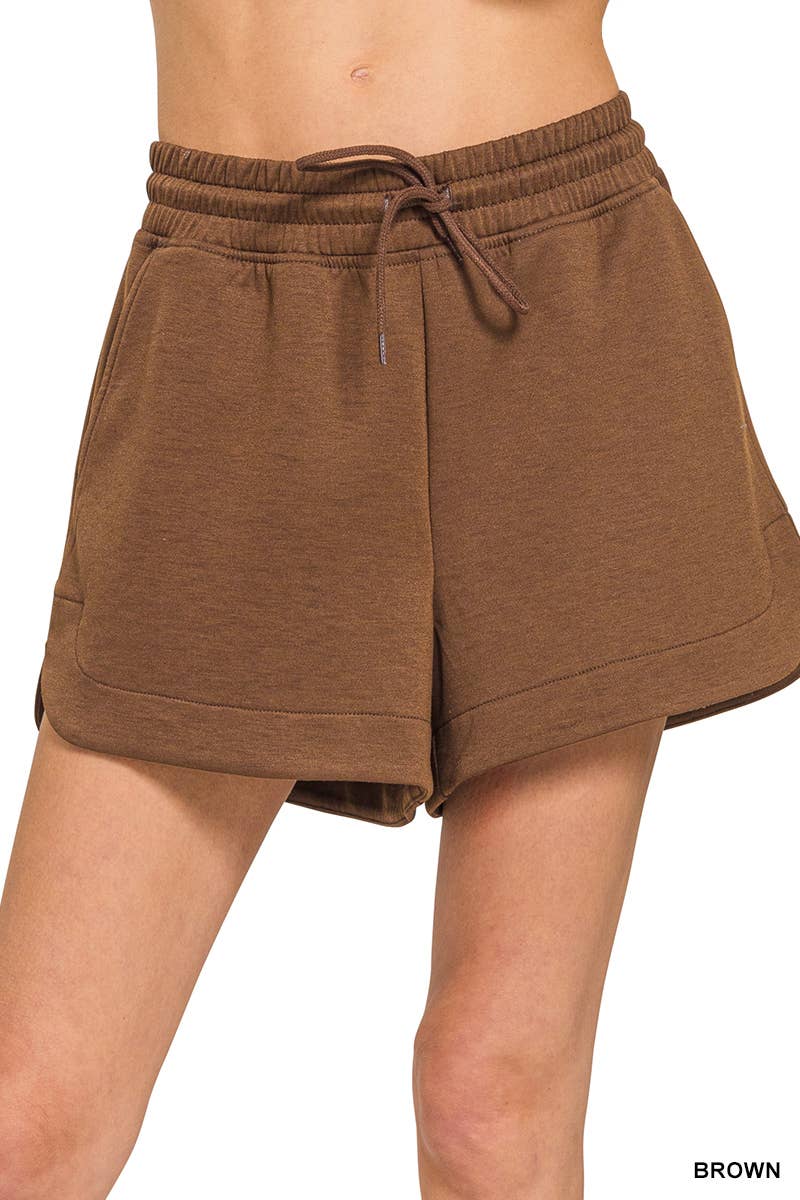 Scuba Material Brown Elastic Waistband Shorts With Pocket | Queen Bee Boutique