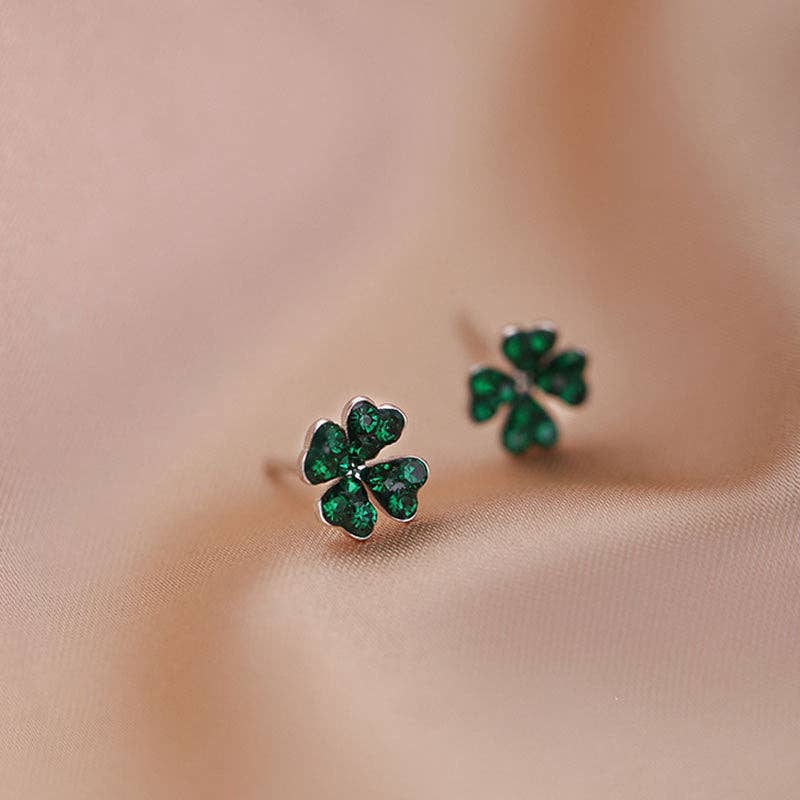 Green Four Leaf Clover Stud Earrings in 925 Sterling Silver