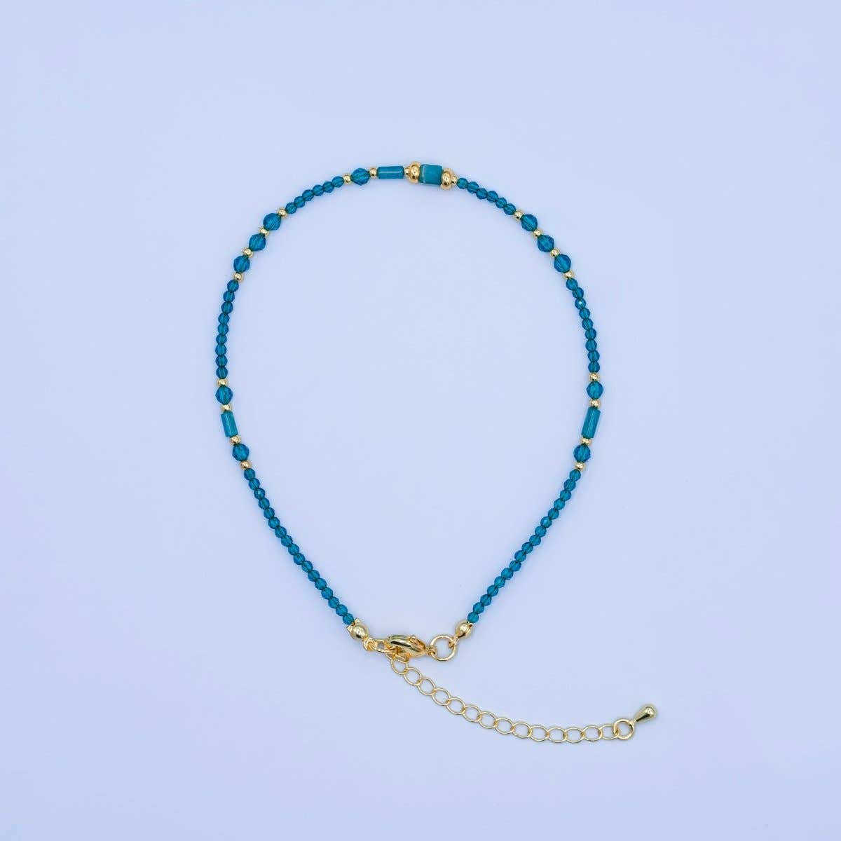 24K Gold Filled 2mm Blue Multifaceted Gemstone 9 Inch Anklet Bracelet | QB