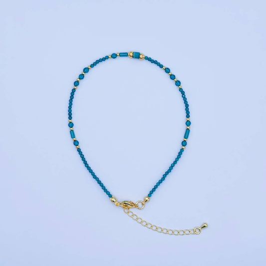 24K Gold Filled 2mm Blue Multifaceted Gemstone 9 Inch Anklet Bracelet | QB