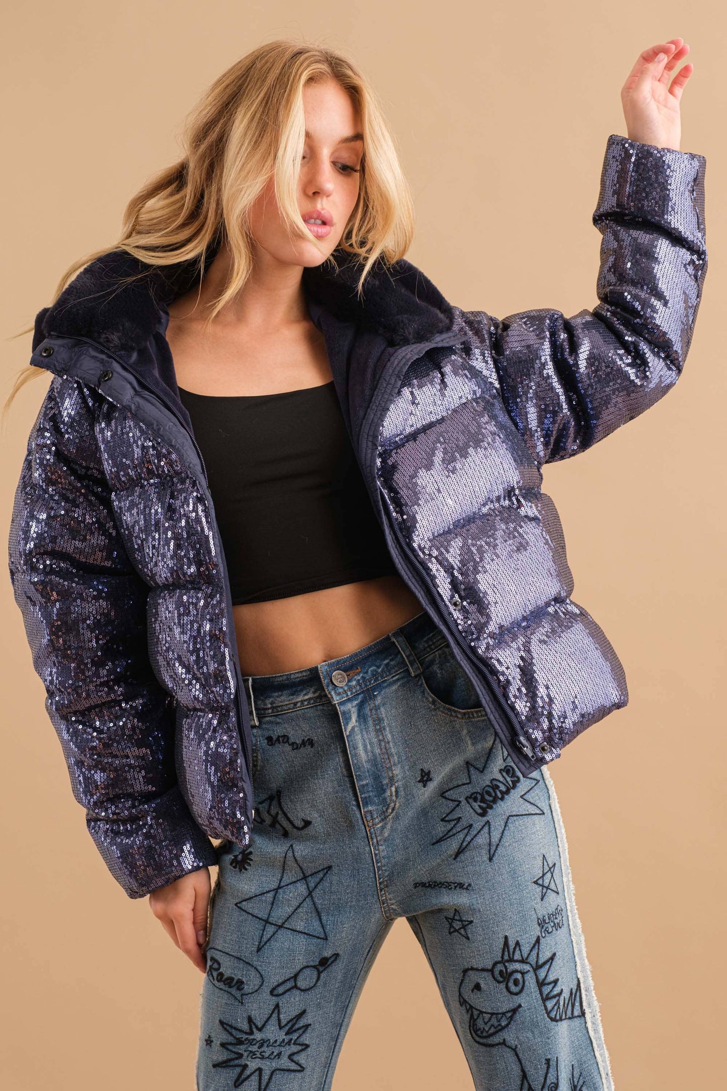 Sequin Puffer Quilted Fur Hooded Zip Up Coat