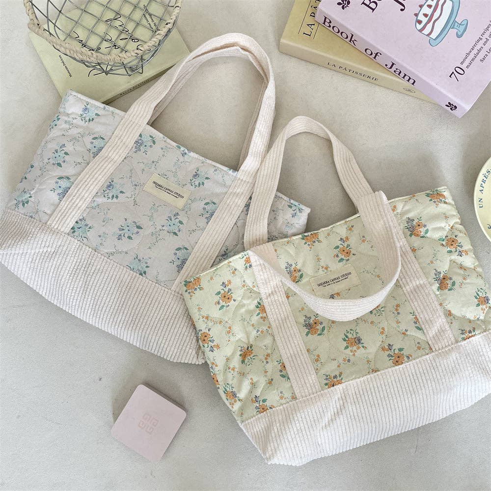 Floral Canvas Tote Bag Blue & Cream | Queen Bee Boutique