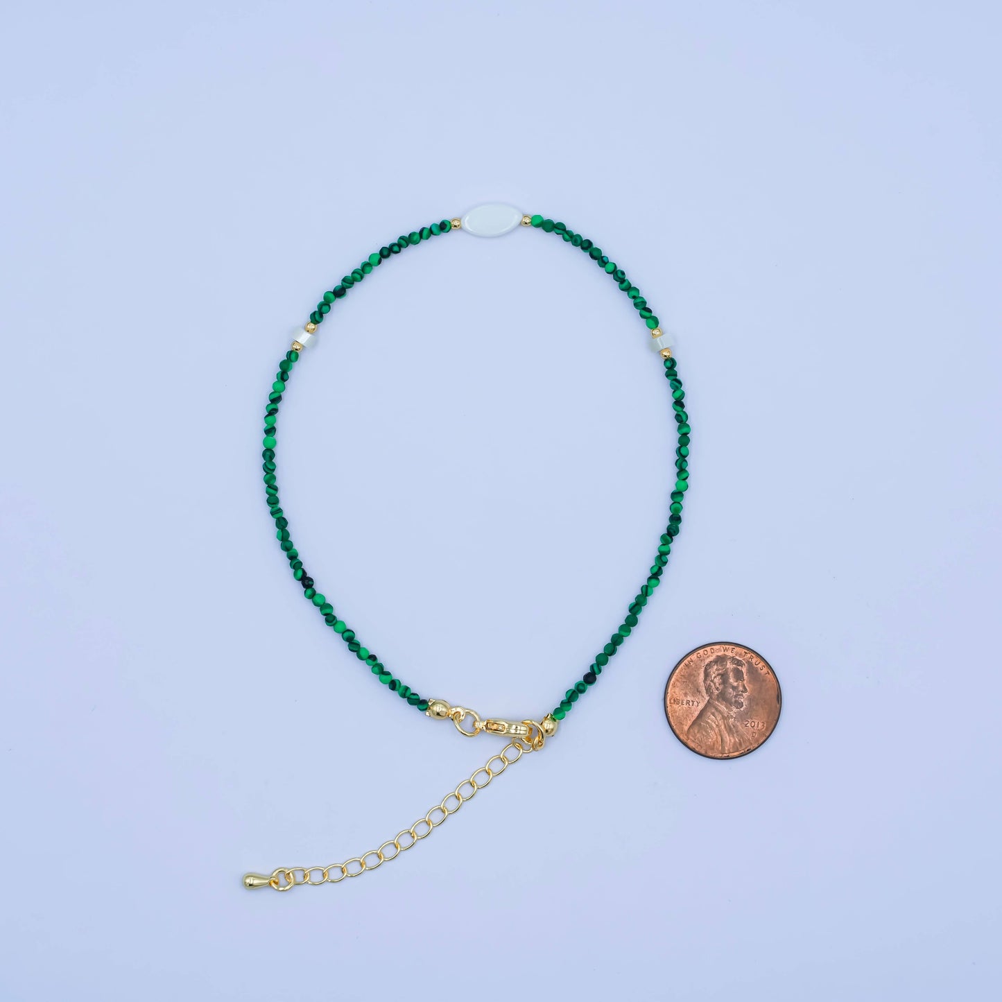 24K Gold Filled 2mm Shell Pearl Malachite Multifaceted Gemstone 9 Inch Anklet Bracelet | WA-2946