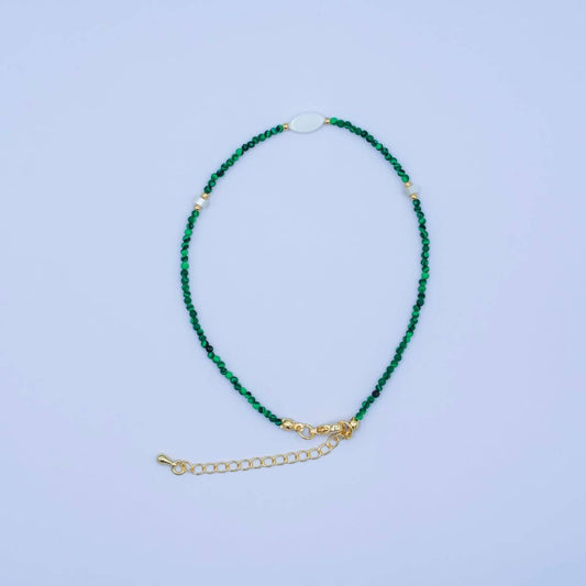 24K Gold Filled 2mm Shell Pearl Malachite Multifaceted Gemstone 9 Inch Anklet Bracelet | WA-2946