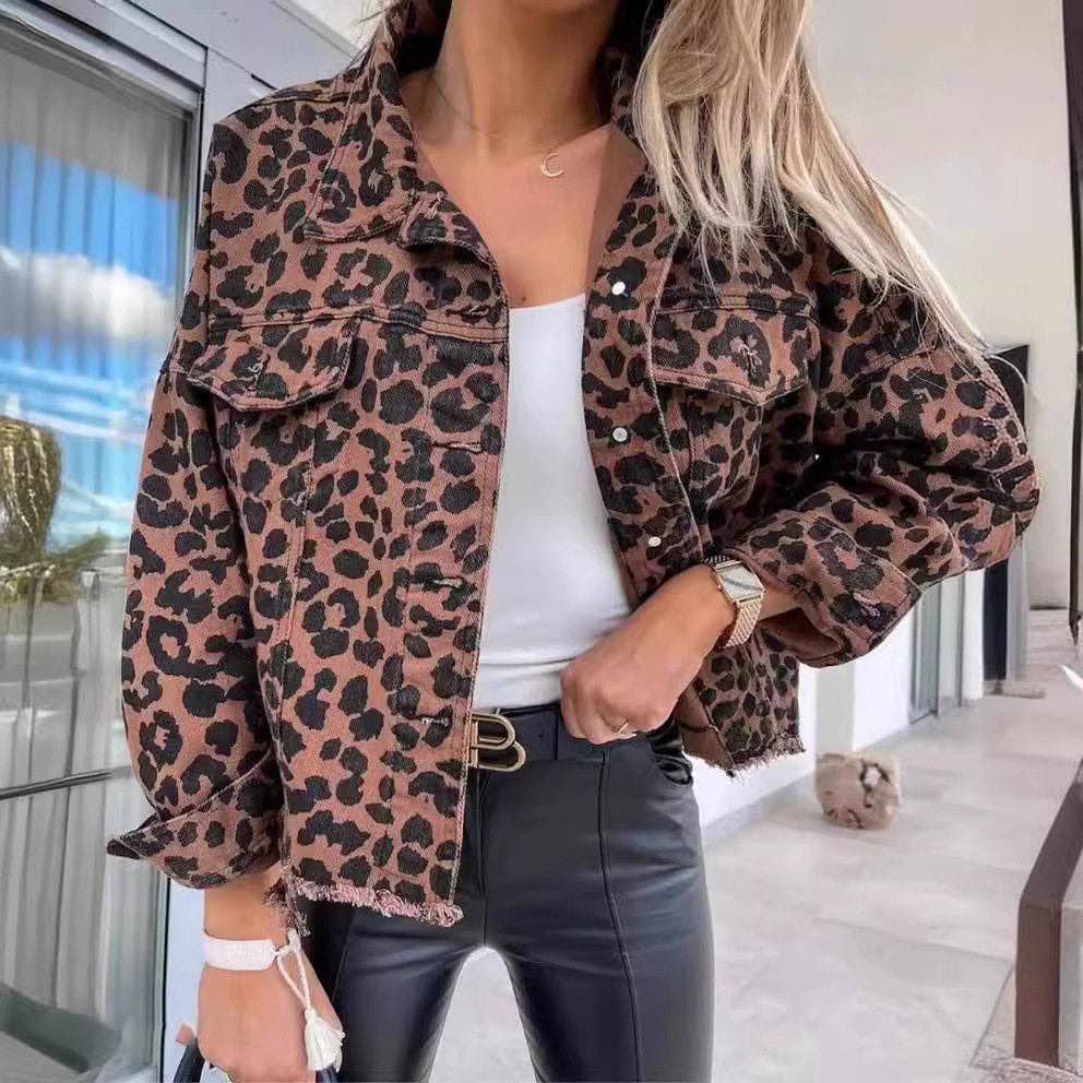 Semi Cropped Leopard Print Denim Jacket | Queen Bee Boutique