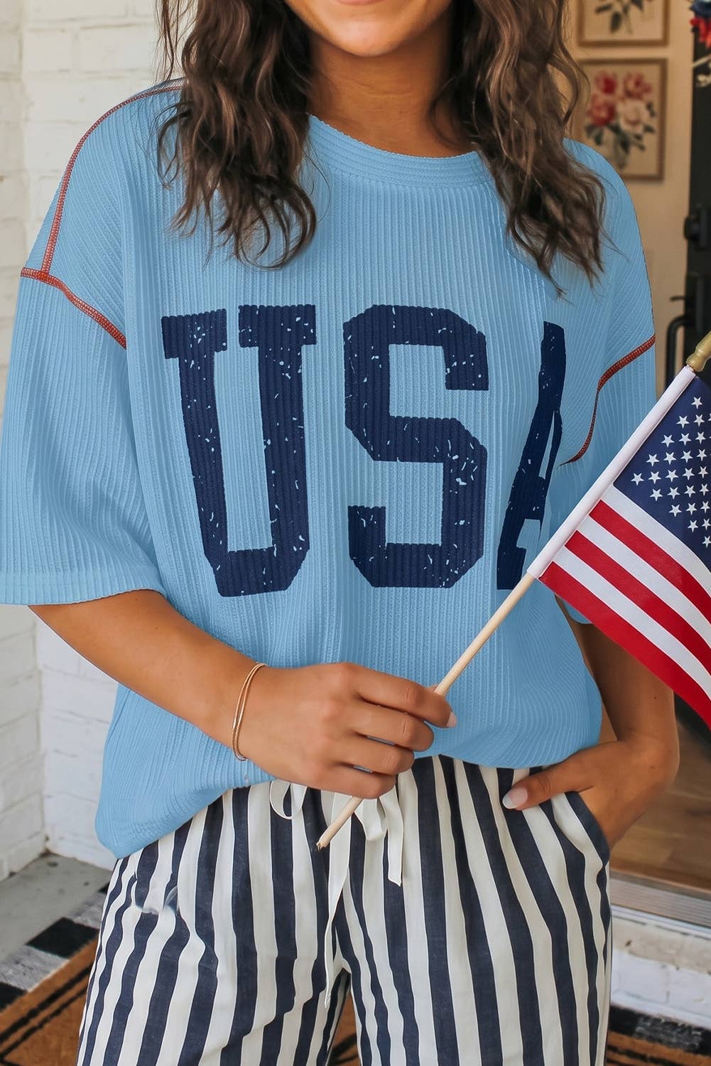 Blue USA Graphic Half Sleeve Loose Ribbed Top | Queen Bee Boutique