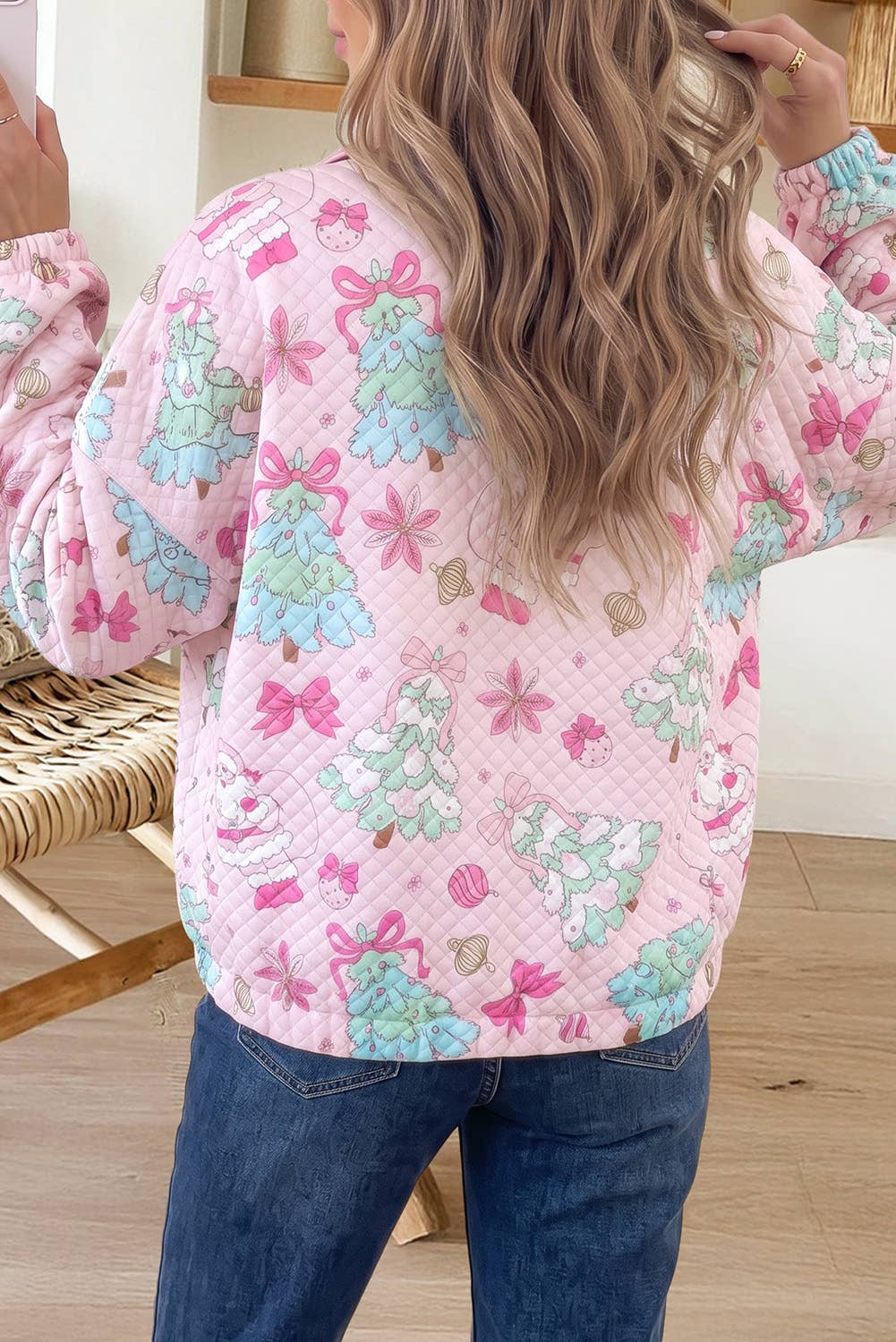 Pink Christmas Print Collar Half Button Sweatshirt | Queen Bee Boutique