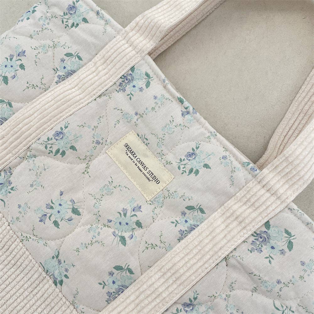 Floral Canvas Tote Bag Blue & Cream | Queen Bee Boutique