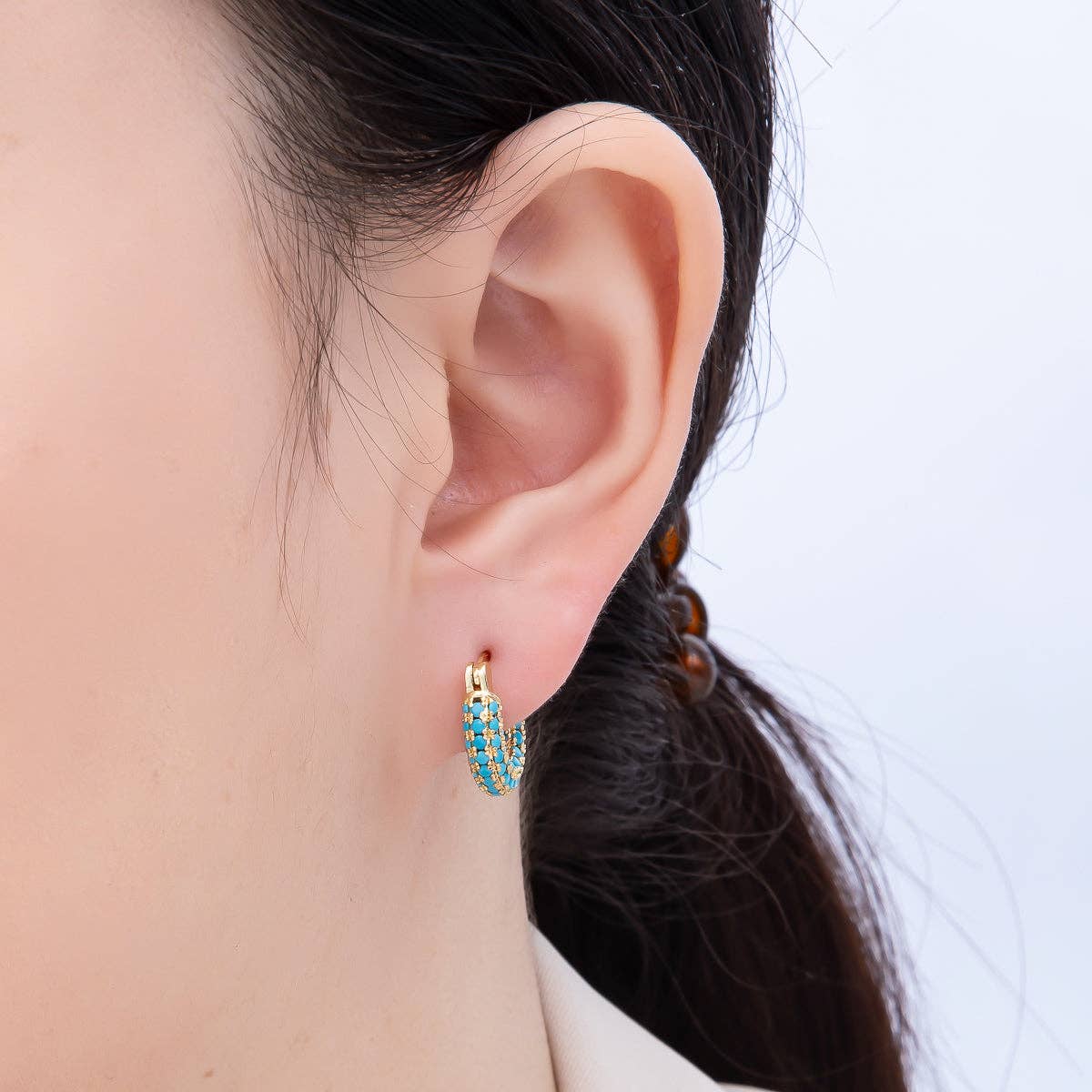 16K Gold Turquoise Micro Paved Latch Hoop Earrings | Queen Bee Boutique