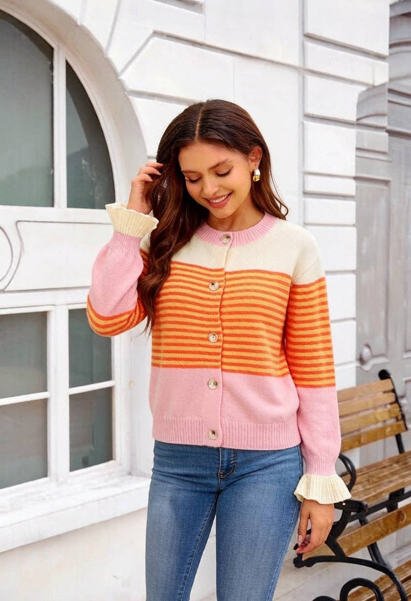 Contrast Stripe Button Front Cardigan