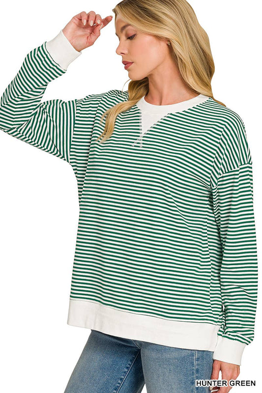 Green White Striped Rib Banded Long Sleeve Top
