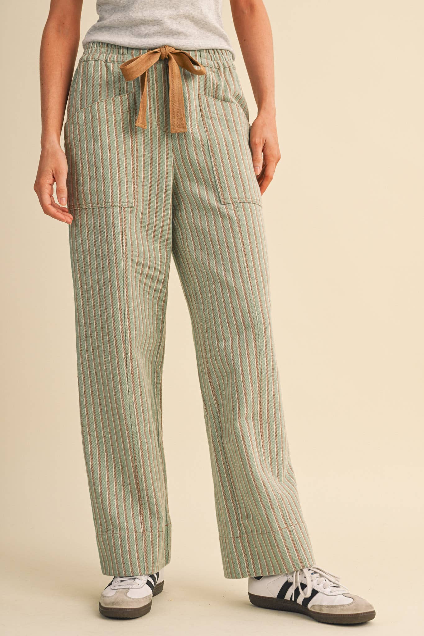 SAGE STRIPED WIDE LEG DRAWSTRING PANTS | Queen Bee Boutique