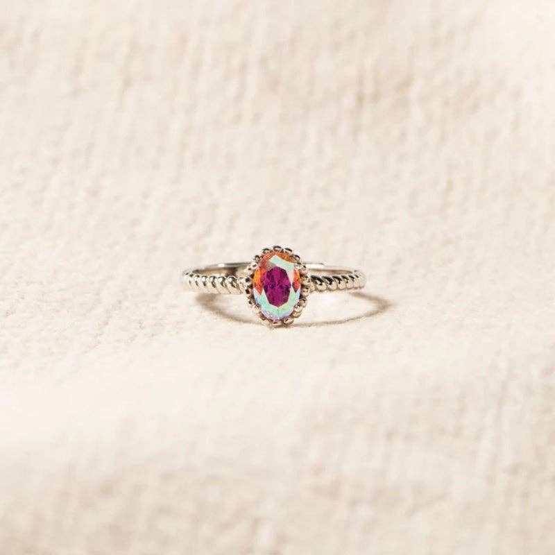 Oval-Cut Aurora Crystal Band Ring in 925 Sterling Silver